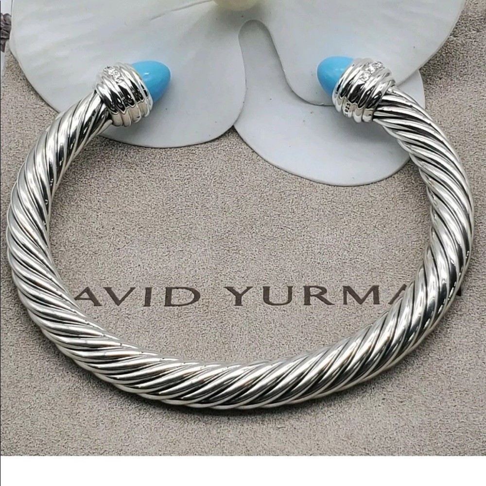David Yurman Silver Cable Cuff with Turquoise Blue Terminals and Pave Diamonds - Picture 2 of 8
